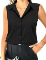 Sleeveless Button-Front Shirt With V-Neck And Collar (Business Casual)