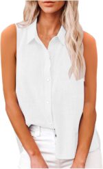 Loose-Fit Cotton-Linen Collared Sleeveless Button-Front Work Top