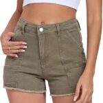 Stretchy Utility-Style Mid-Rise Raw-Hem Denim Shorts