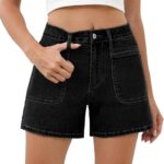 High-Rise Stretchy Denim Shorts With Buttons And Welt Pockets
