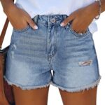 Summer Mid-Rise Distressed Stretchy Denim Shorts With Pockets