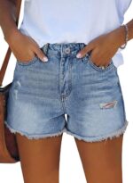 Summer Mid-Rise Distressed Stretchy Denim Shorts With Pockets