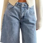 High-Rise Straight-Leg Denim Shorts With Asymmetric Crossover Waistband