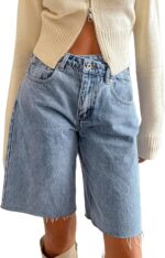 High-Rise Straight-Leg Denim Shorts With Asymmetric Crossover Waistband