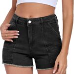 Stretchy Utility-Style Mid-Rise Raw-Hem Denim Shorts With Pockets