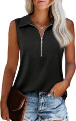 Ribbed Sleeveless V-Neck Polo-Style Top With Zipper - Image 2