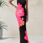 Strapless Floral Bodycon Maxi Dress With Mesh Ruching
