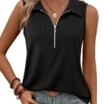 Ribbed Sleeveless V-Neck Polo-Style Top With Zipper