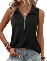 Ribbed Sleeveless V-Neck Polo-Style Top With Zipper