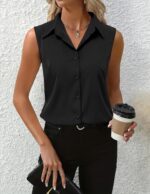 Sleeveless Button-Front Shirt With V-Neck And Collar (Business Casual) - Image 2
