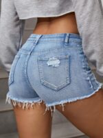 Trendy Distressed Vintage-Wash Tight-Fit Denim Shorts - Image 2