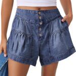Loose High-Rise Wide-Leg Pleated Button-Front Denim Shorts