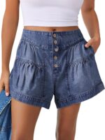 Loose High-Rise Wide-Leg Pleated Button-Front Denim Shorts