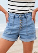 High-Rise Stretchy Button-Front Cuffed Denim Shorts - Image 2