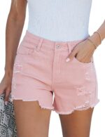 High-Rise Stretchy Vintage-Wash Distressed Raw-Hem Denim Shorts