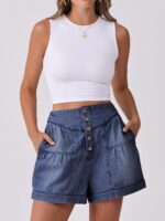 Loose High-Rise Wide-Leg Pleated Button-Front Denim Shorts - Image 2