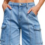 Bermuda-Style Utility Denim Shorts With Multiple Pockets And Elastic Waist