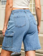 Bermuda-Style Utility Denim Shorts With Multiple Pockets And Elastic Waist - Image 2